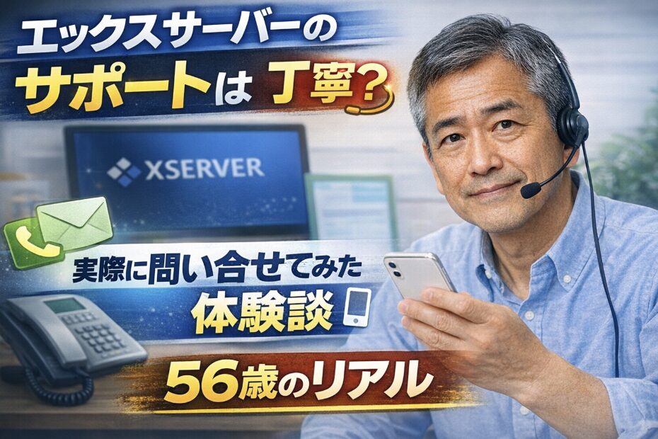 エックスサーバーのサポートに実際に問い合わせた体験を紹介するブログ記事のアイキャッチ画像｜56歳初心者がサポート対応をレビュー