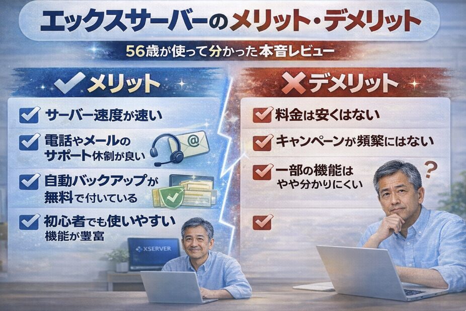 エックスサーバーのメリットとデメリットをまとめた比較図。表示速度の速さ、利用者数の多さなどのメリットと、料金やキャッシュバック時期などのデメリットを解説。