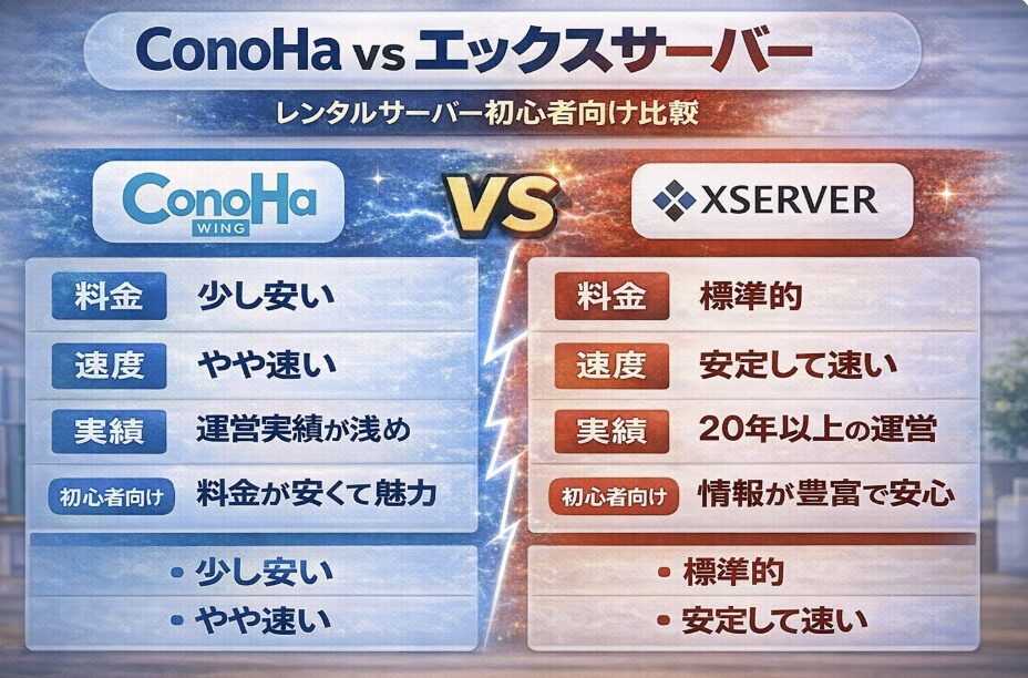 ConoHa WINGとエックスサーバーの比較図。料金・速度・実績・初心者向けの違いを初心者目線で解説