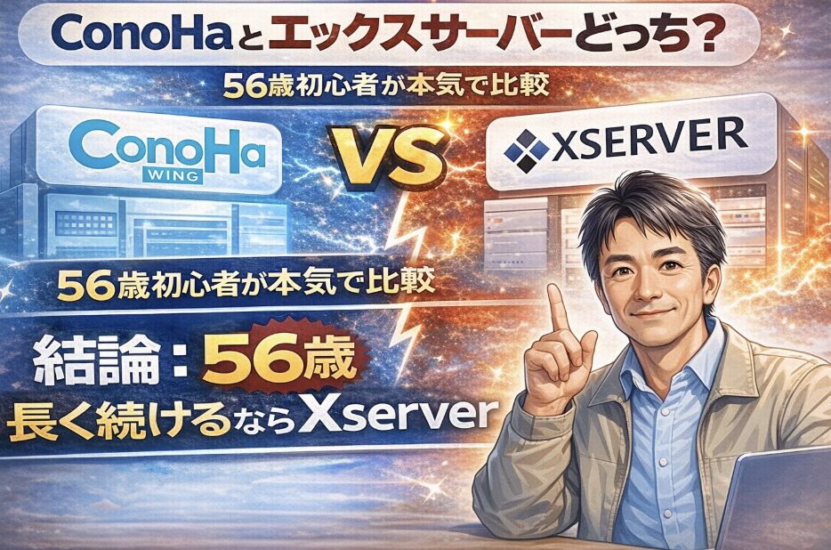 ConoHaとエックスサーバーを比較。56歳ブログ初心者が実際に使う前に悩んだポイントと、最終的にエックスサーバーを選んだ理由を解説する比較記事のアイキャッチ画像。