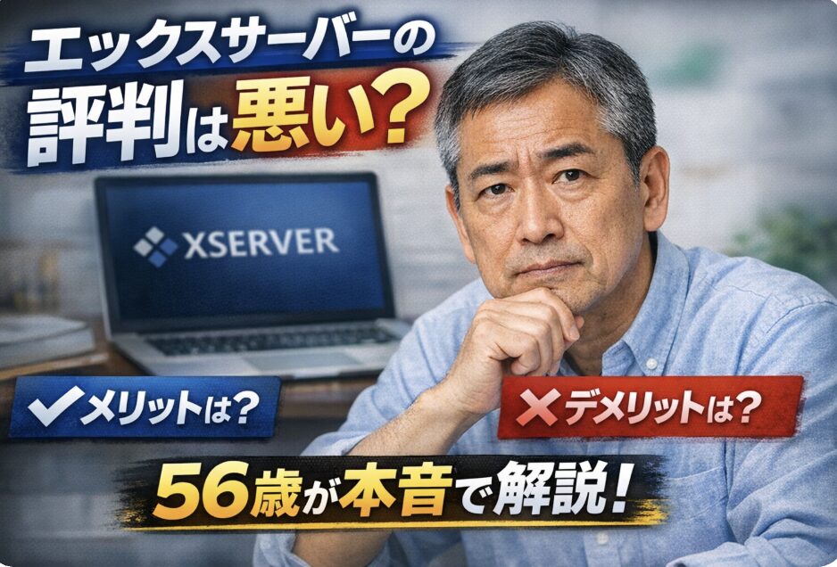 エックスサーバーの評判は悪い？と悩む56歳男性がメリット・デメリットを本音で解説するレビュー記事のアイキャッチ画像
