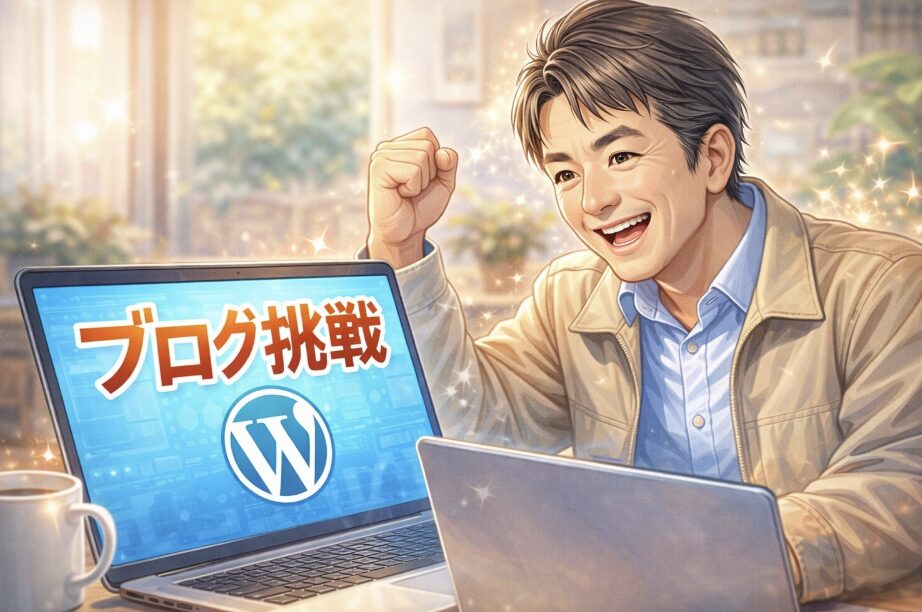 56歳初心者がWordPressブログに挑戦しているイメージ。ブログ運営を始める様子。