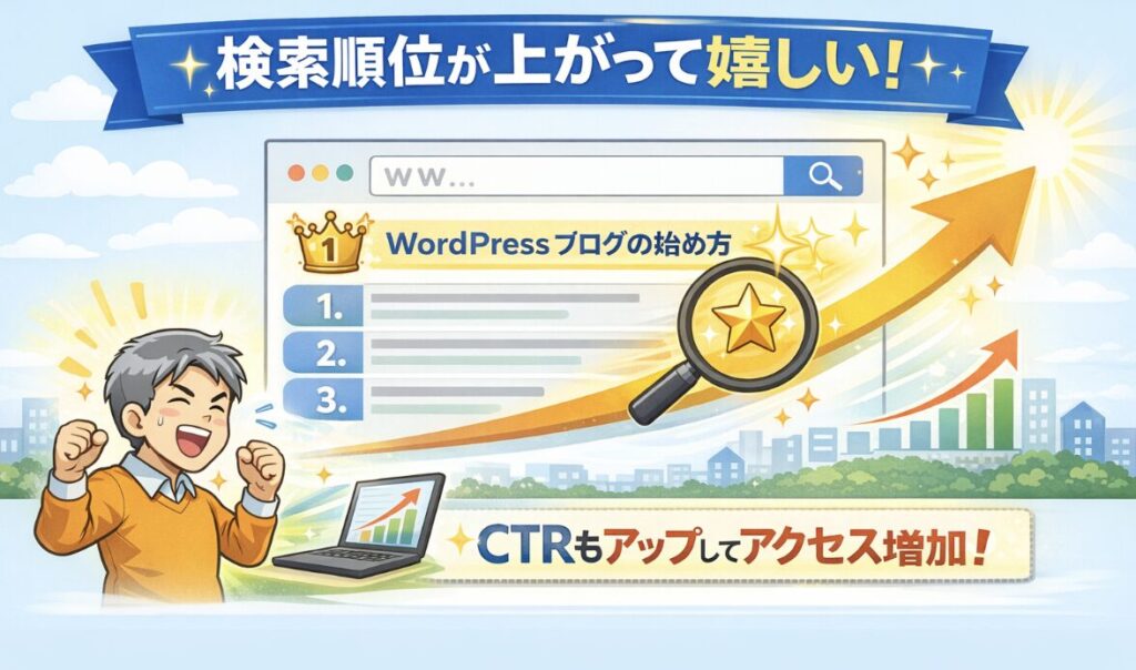 WordPressブログ初心者でも記事を積み上げることで検索順位が上がりアクセスが増えるイメージ図