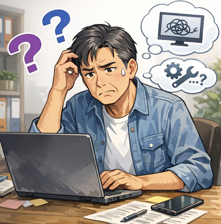 WordPressブログ初心者が設定や記事作成でつまずいて悩んでいるイメージ