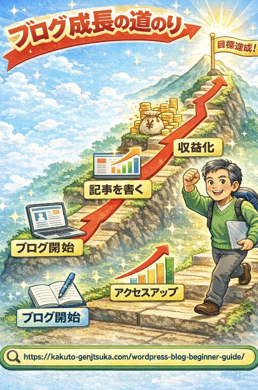 ブログを続けることでアクセスと検索順位が成長していくイメージ図
