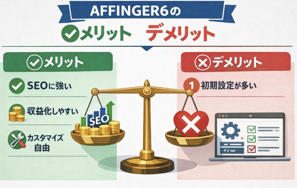 AFFINGER6のメリット・デメリットを図解で解説した比較イラスト
