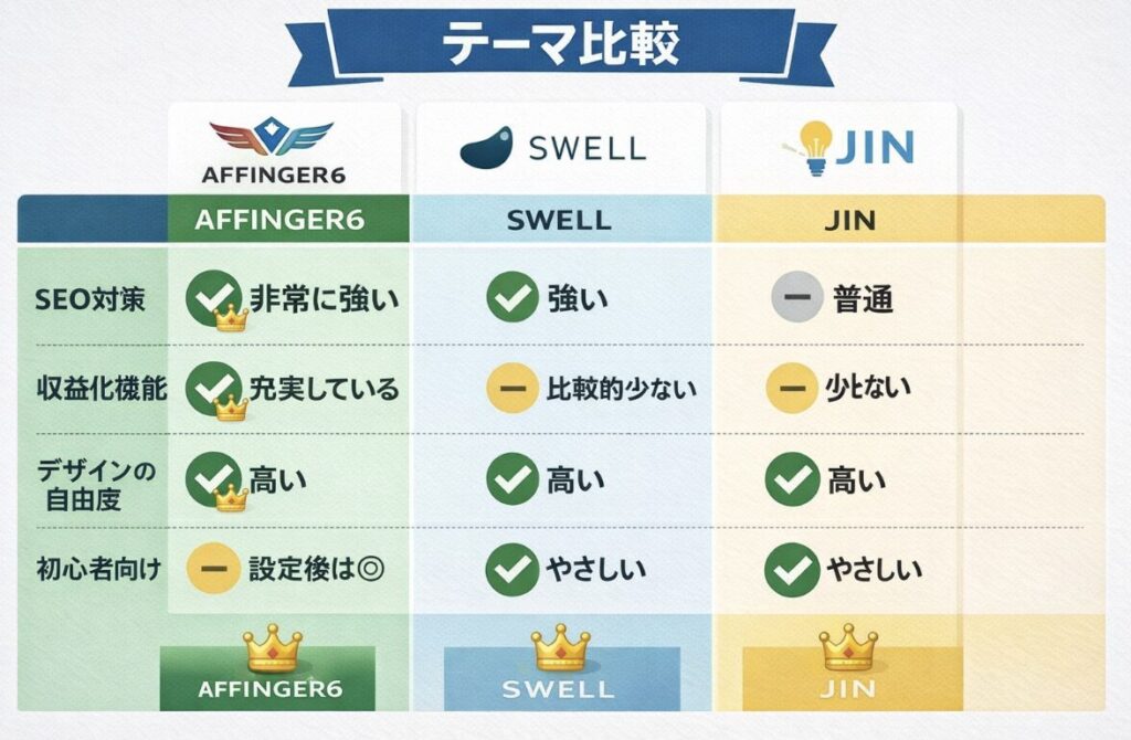 AFFINGER6・SWELL・JINのWordPressテーマを比較した図解（SEO対策・収益化機能・デザイン自由度）
