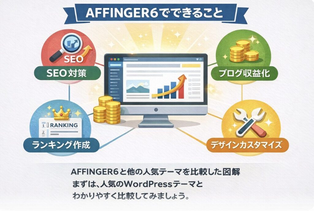AFFINGER6でできることを図解で解説（SEO対策・ブログ収益化・ランキング作成・デザインカスタマイズ）