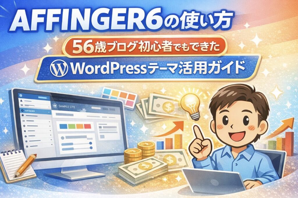 AFFINGER6の使い方を解説するアイキャッチ画像。56歳ブログ初心者でもできたWordPressテーマ活用ガイドのイメージ。