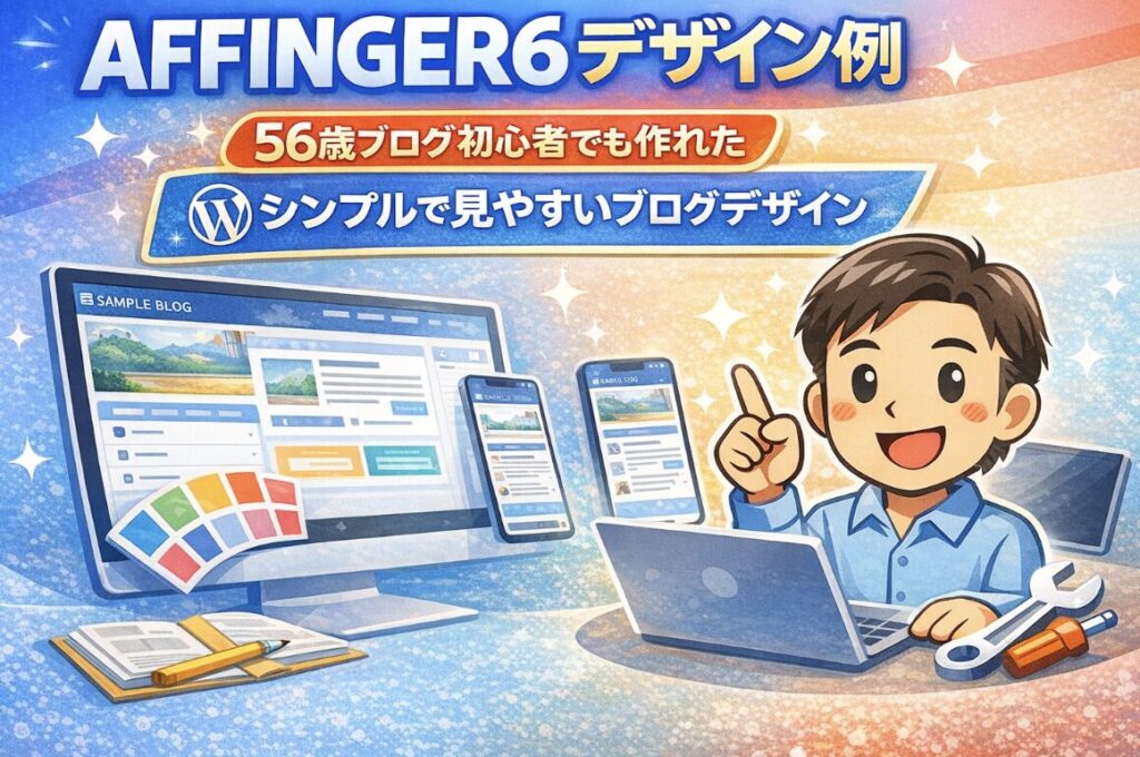 AFFINGER6デザイン例|56歳ブログ初心者でも作れたシンプルで見やすいブログデザインのアイキャッチ画像