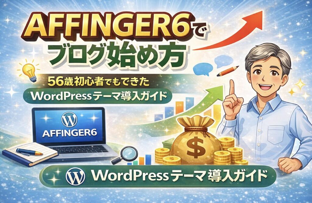 AFFINGER6でブログを始める方法を解説する56歳初心者向けWordPressテーマ導入ガイドのアイキャッチ画像