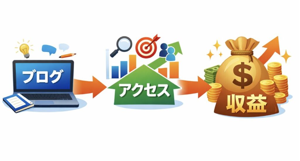 ブログ記事を増やすことでアクセスが増え、最終的にブログ収益につながる流れを示した図