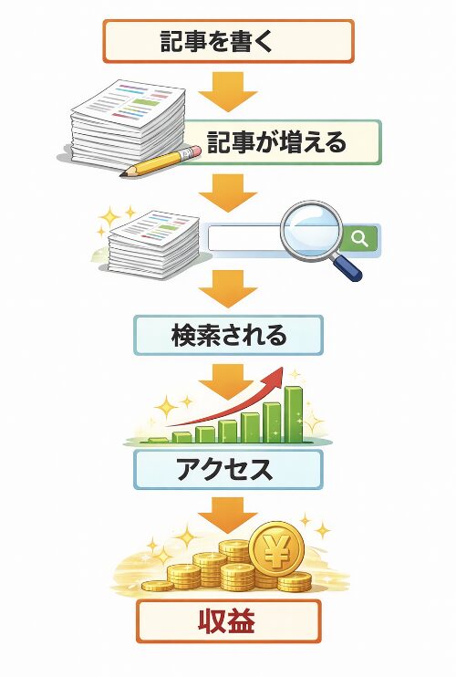 ブログ記事を書き続けることで検索されアクセスが増え収益につながるブログの仕組み