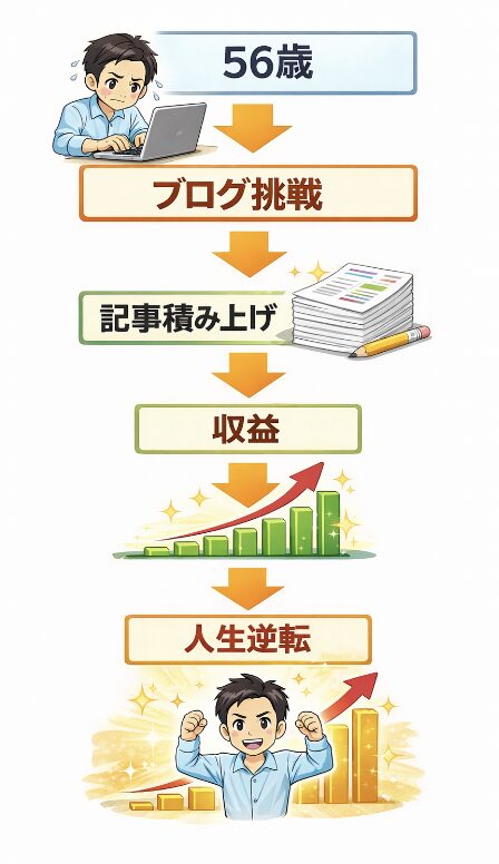 56歳からブログに挑戦し記事を積み上げて収益を目指し人生逆転を目標にするブログ挑戦のイメージ図