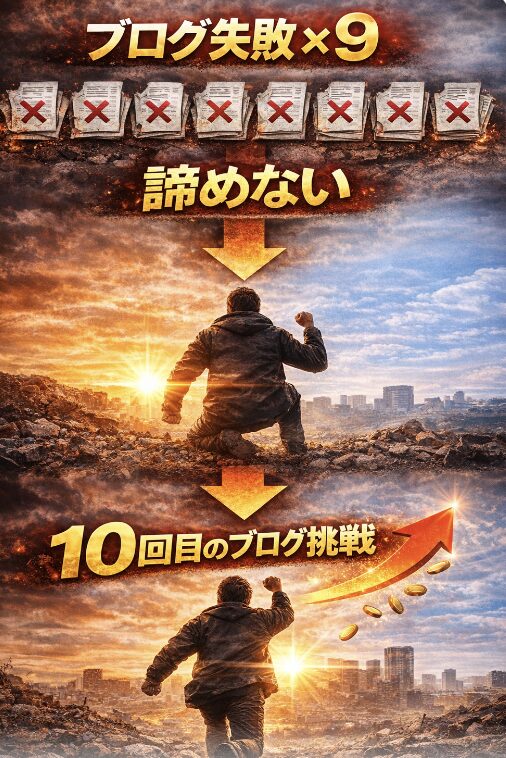 ブログを9回失敗しても諦めず、10回目のブログに挑戦する男性のイメージ図