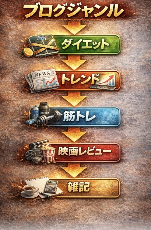 ダイエット、トレンド、筋トレ、映画レビュー、雑記など過去に運営してきたブログジャンルの流れを示した図