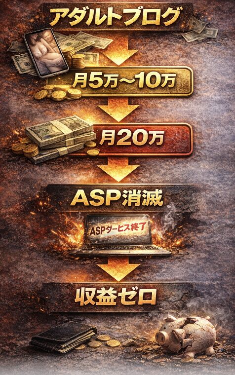 アダルトブログで月5万〜10万から月20万まで収益が伸びたがASP消滅で収益ゼロになった流れの図