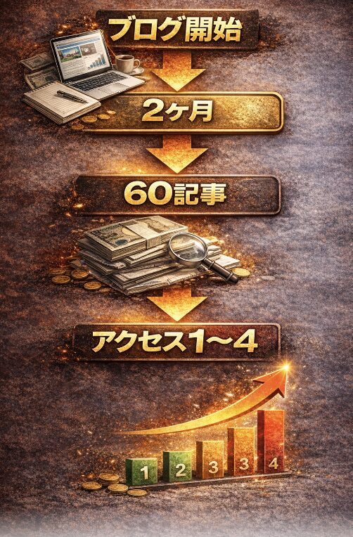 ブログ開始から2ヶ月で60記事を書いたがアクセスは1〜4程度の現状を示した図