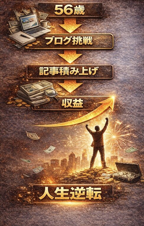 56歳からブログに挑戦し記事を積み上げて収益化し人生逆転を目指す流れを表した図