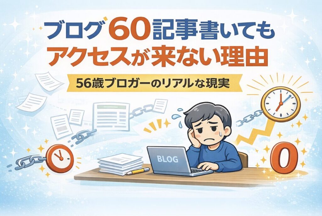 ブログを60記事書いてもアクセスが来ない状況に悩む56歳ブロガーのリアルな現実を表したイメージ画像