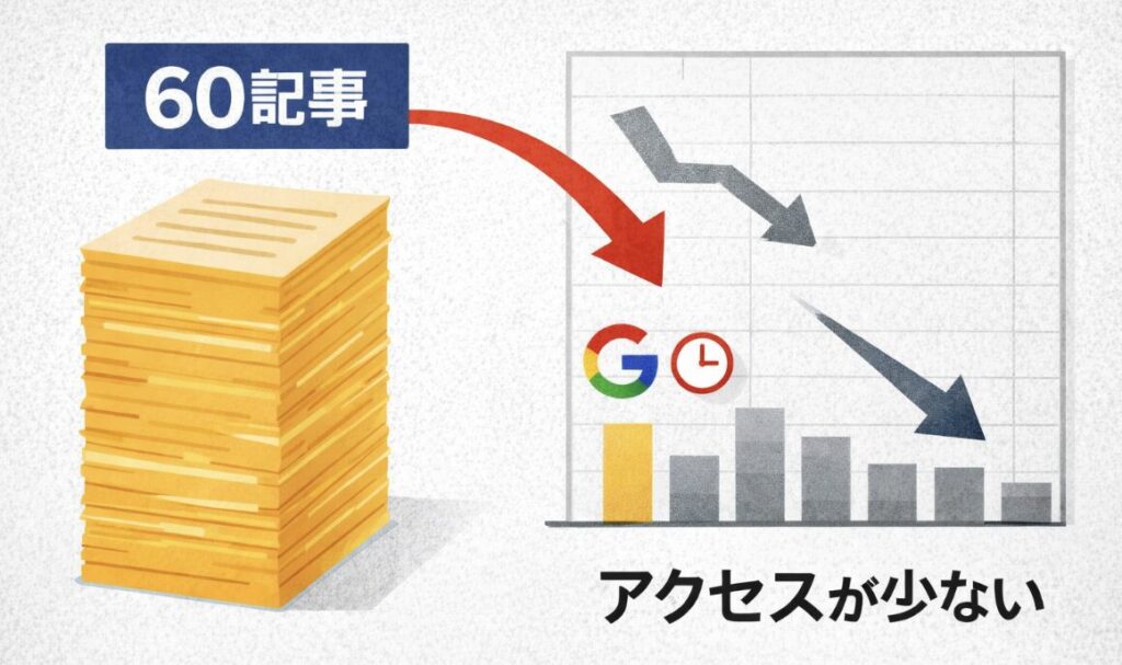 ブログで60記事書いたのにアクセスが少ない状況を示したイメージ図
