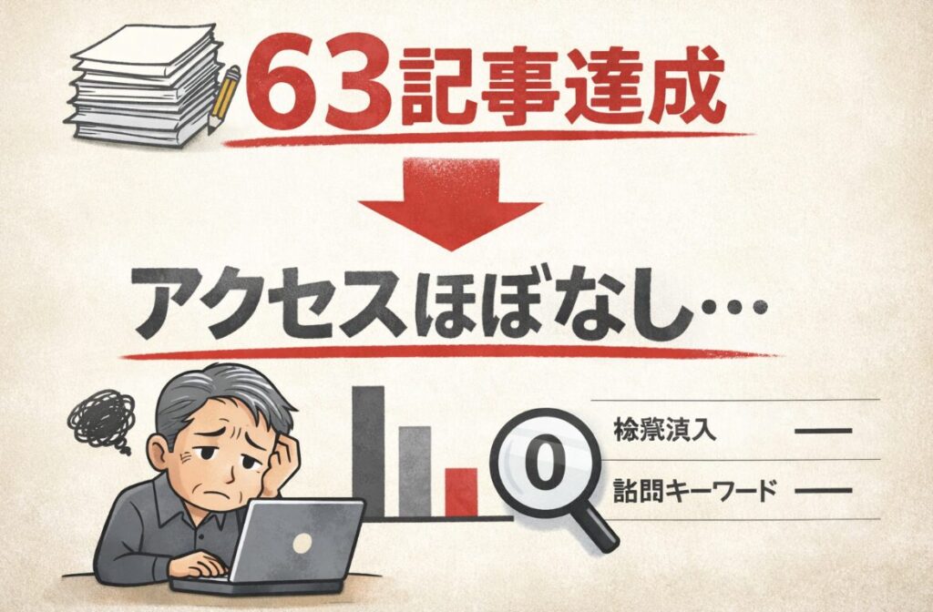 ブログで63記事書いたのにアクセスがほとんどない状態を表したイメージ画像
