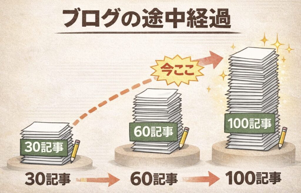 ブログ記事を30記事から60記事、100記事へと積み上げていく成長過程を示したイメージ画像