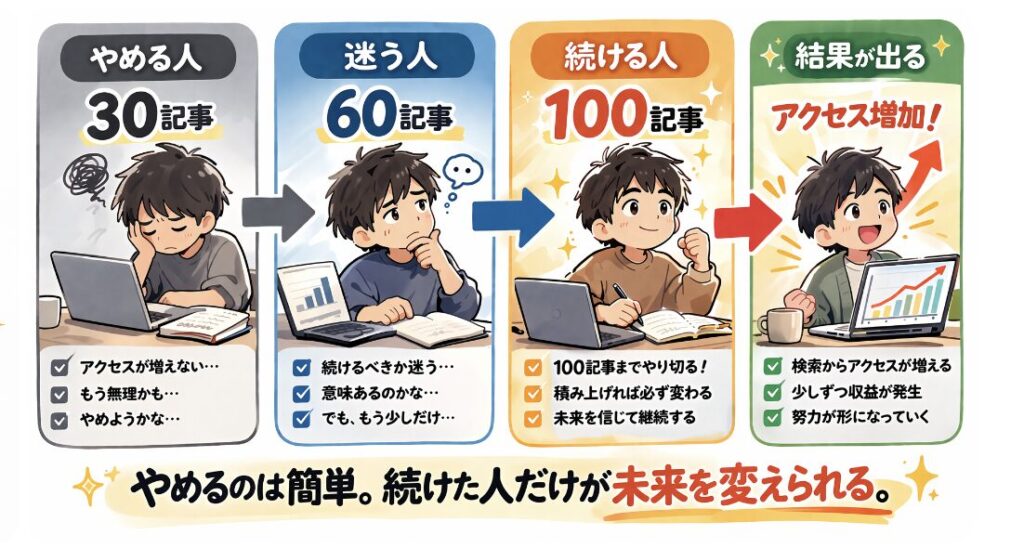 ブログ運営において30記事でやめる人、60記事で迷う人、100記事まで続ける人の違いと結果を示したイメージ画像