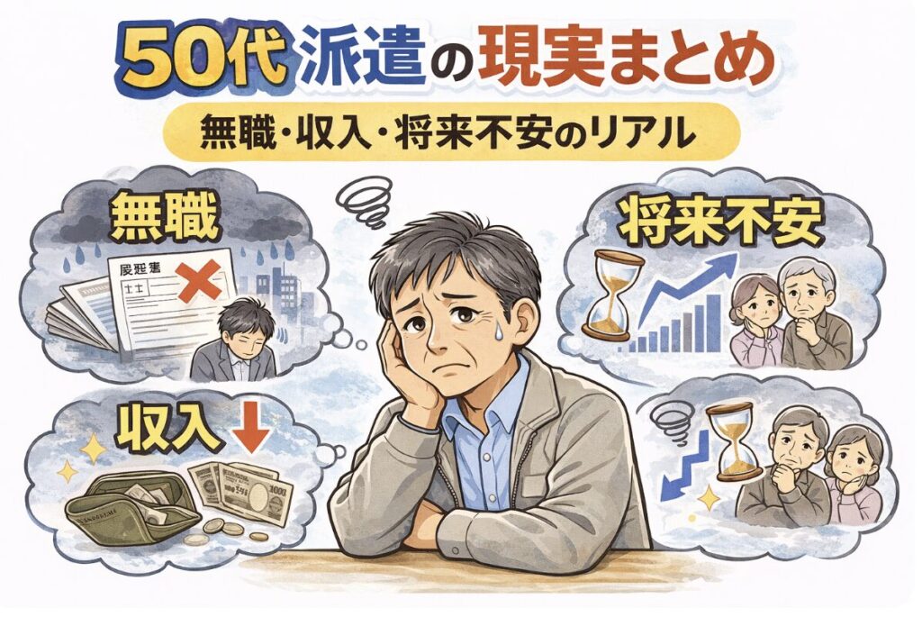 50代男性が不安そうに悩み、無職・収入減・将来不安のイメージが周囲に描かれているイラスト