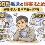50代男性が不安そうに悩み、無職・収入減・将来不安のイメージが周囲に描かれているイラスト