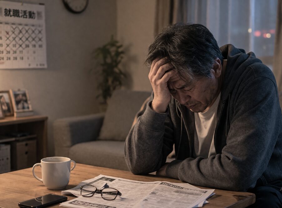 暗い部屋でテーブルにうつむき、書類やスマホの前で落ち込んでいる50代男性の様子