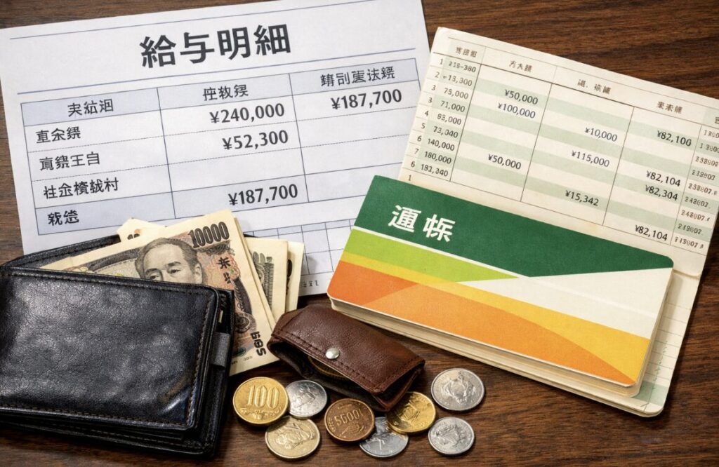 給与明細・財布・現金・通帳が並び、収入と支出の現実を表しているイメージ