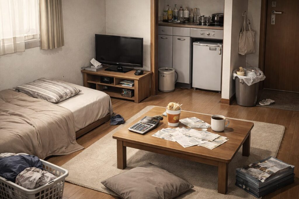 質素な一人暮らしの部屋で、生活費の管理に追われる様子が伝わる節約生活のイメージ