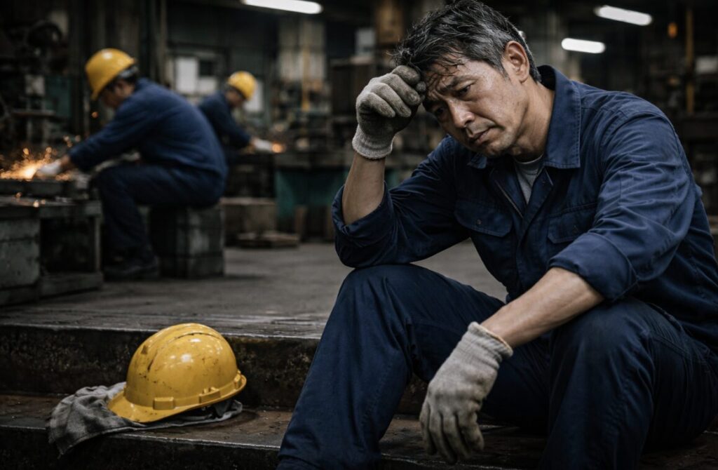 工場で作業中に疲れ果てて座り込み、汗を拭いながら休憩する50代男性の様子