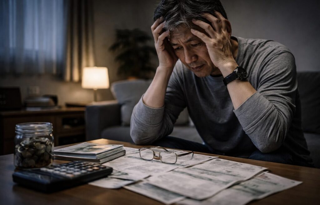 生活費の書類や通帳を前に頭を抱え、将来への不安に押しつぶされそうになっている50代男性