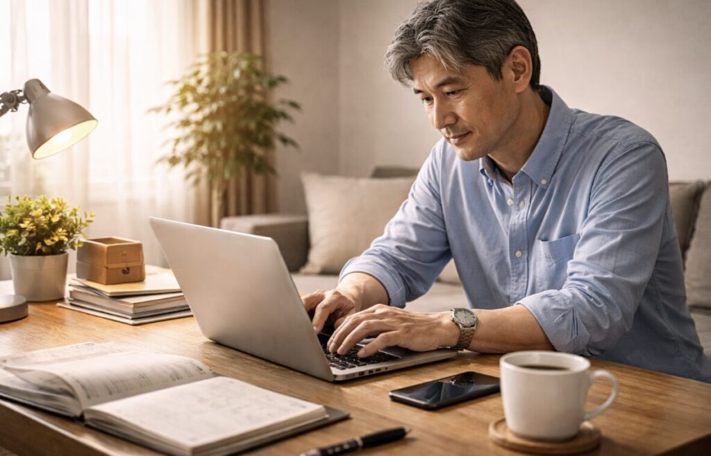 朝の光が差し込む部屋でパソコン作業をする50代男性の前向きな様子