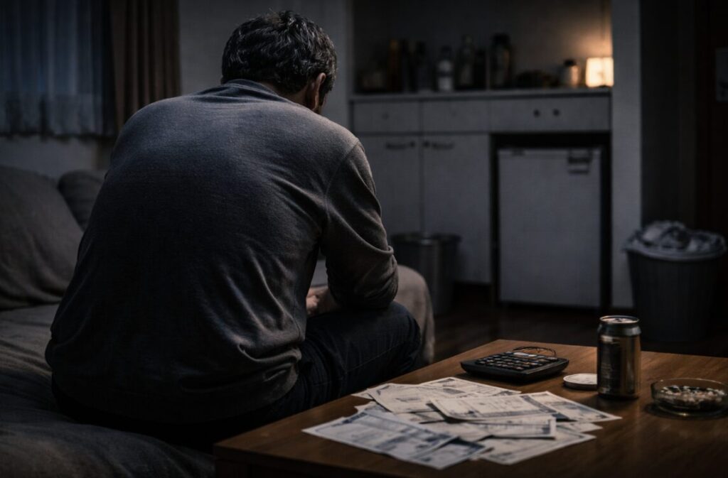 暗い部屋で背中を丸めて一人座り込み、生活費の書類を前に動けなくなっている男性の後ろ姿
