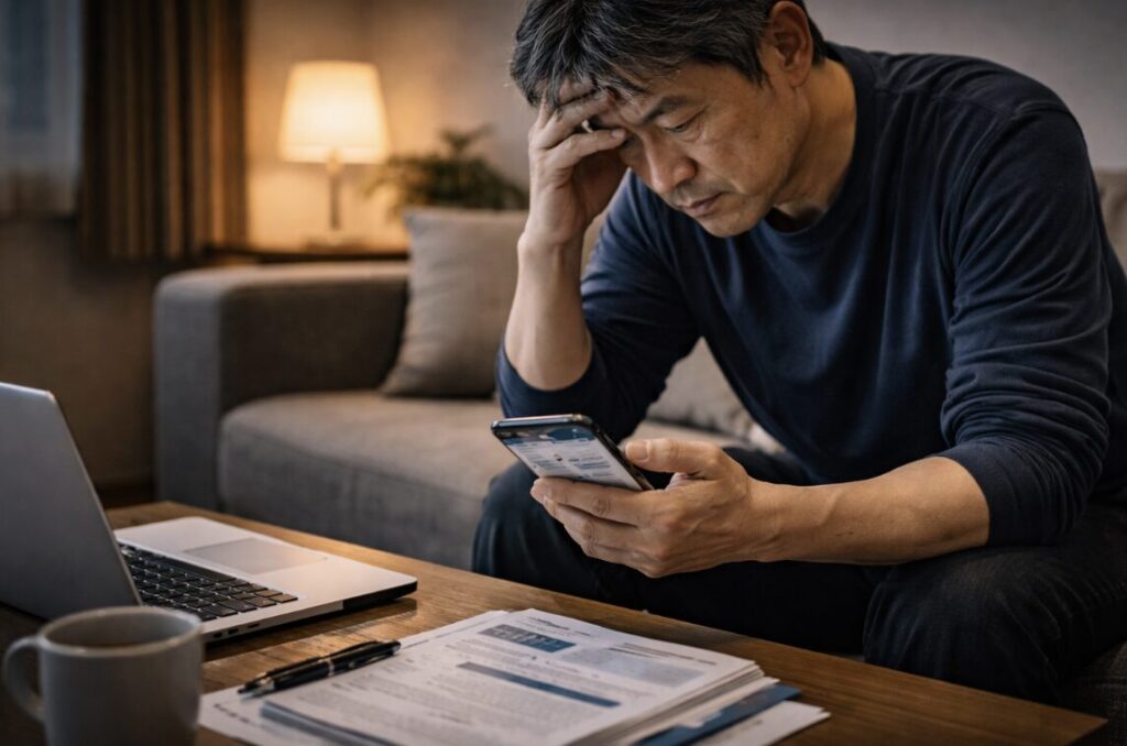 スマホで求人を見ながら、うまくいかずに落ち込んでいる50代男性の様子