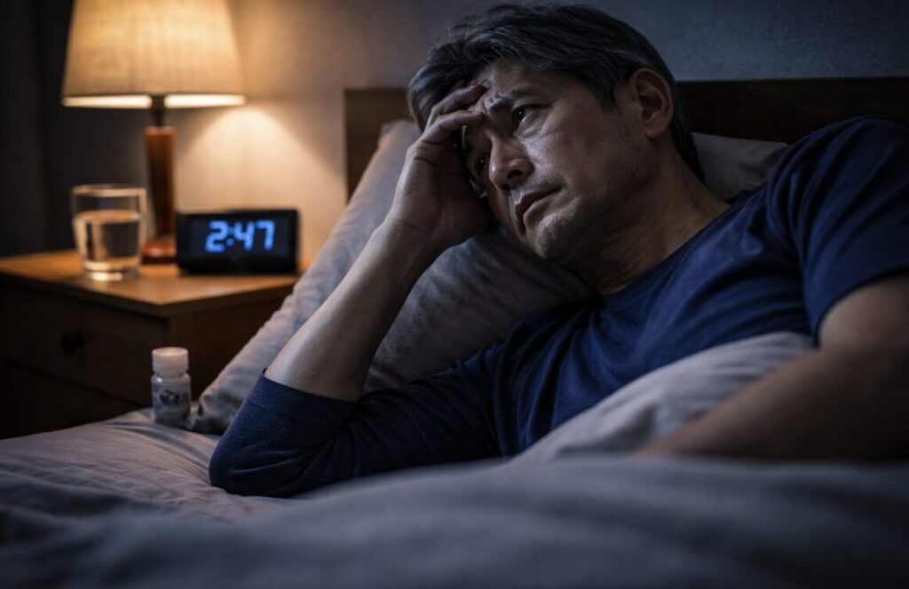 夜中に目が覚め、ベッドの中で将来を考えて眠れずに悩んでいる50代男性の様子