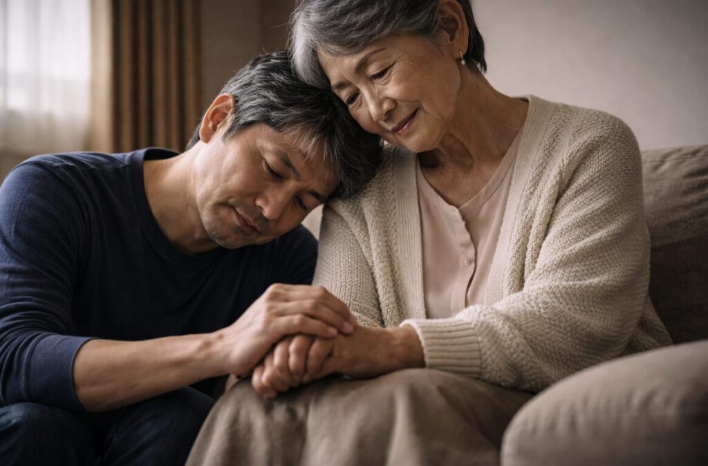 落ち込んだ50代男性が母親と寄り添い、静かに話を聞いてもらっている様子
