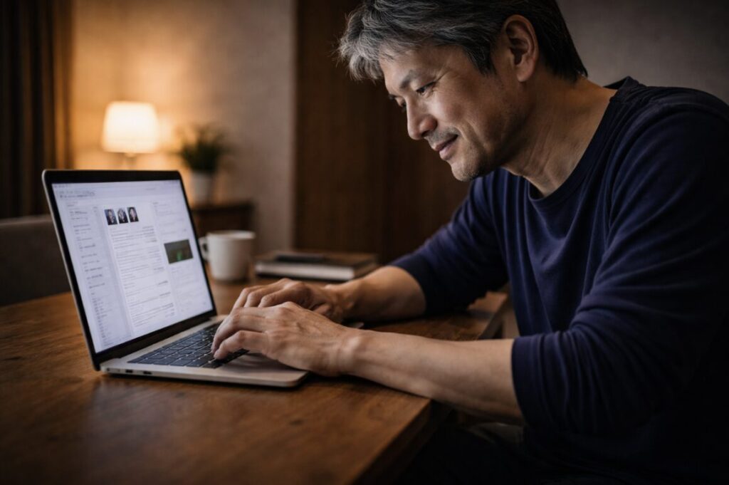 パソコンに向かい、落ち着いた表情でブログ作業に取り組む50代男性の様子