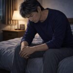 暗い部屋で一人座り込み、下を向いて考え込んでいる50代男性のイラスト