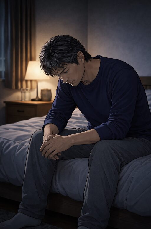 暗い部屋で一人座り込み、下を向いて考え込んでいる50代男性のイラスト