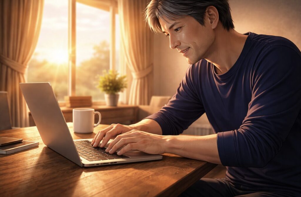 朝日が差し込む部屋で、前向きな表情でパソコン作業を再開する50代男性のイラスト