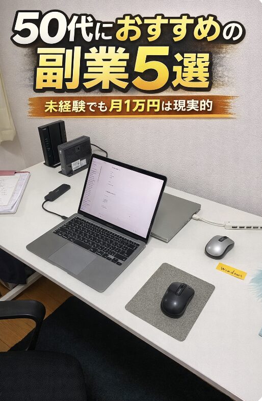 自宅のデスクでパソコン作業をしながら、50代におすすめの副業5選を紹介するアイキャッチ画像