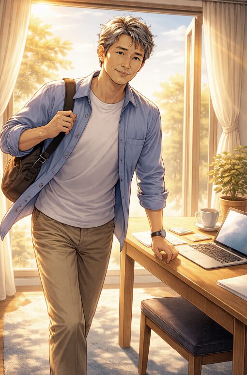 朝の光が差し込む部屋で、ノートPCのある机の前に立ち、前向きに一歩踏み出そうとする56歳男性のイラスト
