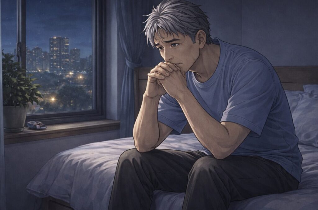 仕事や老後の不安で夜に考え込む50代男性のイメージ