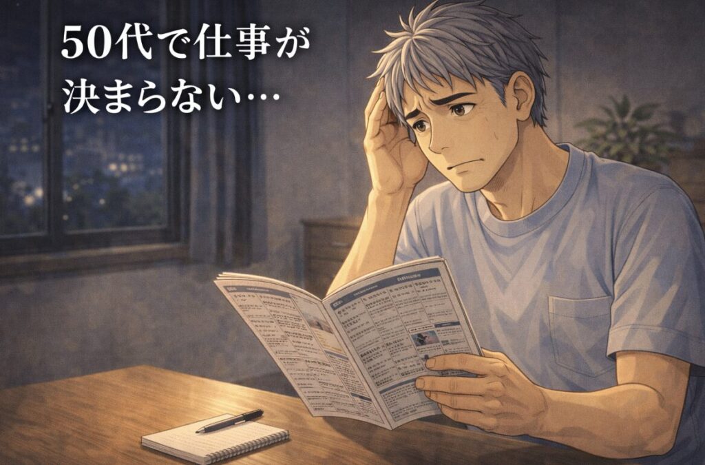 部屋で求人誌を見ながら困った表情を浮かべる50代男性の漫画風イラスト。「50代で仕事が決まらない…」の文字入り