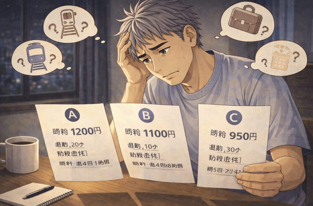 時給や通勤時間など仕事の条件を比較して悩むイメージ