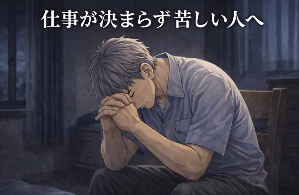 薄暗い部屋で椅子に座り、顔を伏せて手を組みながら悩み込む50代男性の漫画風イラスト。「仕事が決まらず苦しい人へ」の文字入り